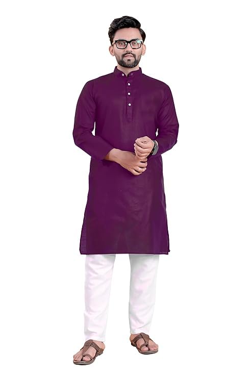 Men's Plain Solid Cotton Blend Mandrin Collar Slim Casual |Regular Fit Only Kurta-picture-14