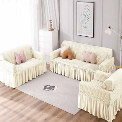 Image of Turkish Bubble Sofa Cover 3 Seater and 2 Seater Fully Covered 5 Seater Sofa Cover Non-Slip Sticky Elastic Stretchable Sofa Set Imported Slipcover Protector (3+1+1 Seater) (Cream)