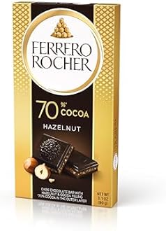 Ferrero Rocher 70%Dark Hazelnut Bar, Chocolate Bars, 70 % Dark Chocolate bar with Hazelnut and Cocoa Filling, (90g)
