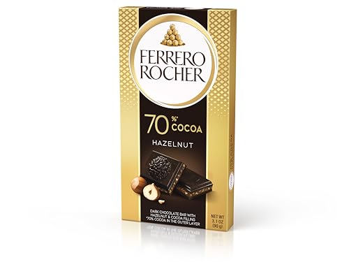 Ferrero Rocher 70%Dark Hazelnut Bar, Chocolate Bars, 70 % Dark Chocolate bar with Hazelnut and Cocoa Filling, (90g)