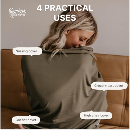 Image of Parker Baby 4 in 1 Car Seat Cover for Girls and Boys - Stretchy Carseat Canopy, Nursing Cover, Grocery Cart Cover, High Chair Cover - inchPine inch