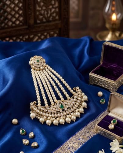 Image of Gold-Plated Head Passa Jewelry For Women Kundan Pearl Studded & Beaded Passa /Matha Patti Jhoomar Jewellery for Women & Girls Birthday Gifts