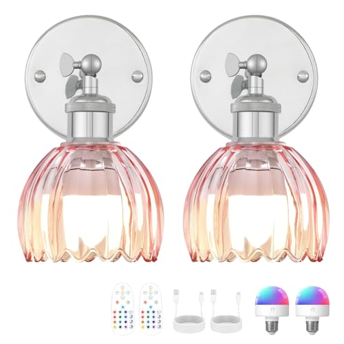 Image of Vintage Battery Operated Wall Sconce, Pink Tulip Glass Lampshade Wireless Rechargeable Battery Powered LED Wall Light with Remote Dimmable for Bedside Bedroom Living Room, Silver, Set of 2