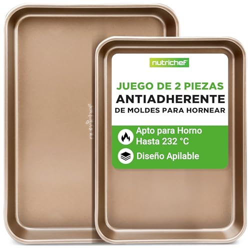 NutriChef Juego de 2 bandejas de horno antiadherentes, Para cocinar, Con revestimiento interior y exterior, 39 x 29 cm, color dorado champán