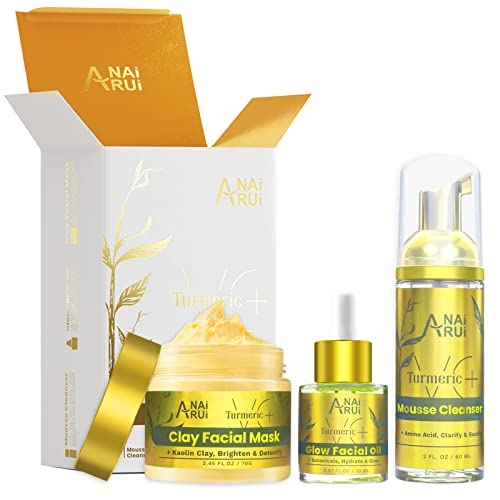 ANAI RUI Turmeric Skincare Set, Turmeric Vitamin C Clay Mask, Foaming Facial Cleanser, and Turmeric Facial Oil, for Acne-Prone and Dark Spots, Reveal Radiant Skin