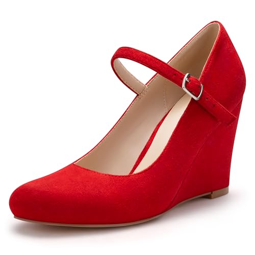 DIFEMA Womens Wedge Pumps with Ankle Strap for Dressy Ladies Mary Jane Shoes Closed Toe Wedges Heels for Women Red