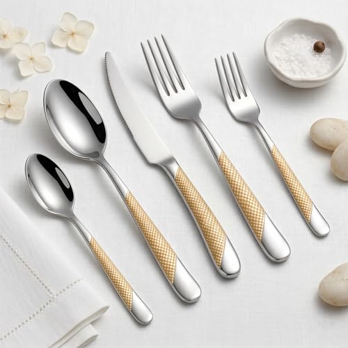 Image of Sterling Silver with Gold Handle French Style Sterling Silverware Set | 5-Piece Hammered Flatware Set | Stainless Steel Cutlery Set | Perfect for Home, Restaurant & Luxury Gifting