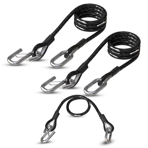 WAVESRX Trailer Safety Cables 3-Pack - Self-Coiling Safety Chain Replacement for Boat PWC & Utility Trailer Towing - Corrosion-Resistant Stainless Steel Quick-Connect Snap Hooks with Safety Latches