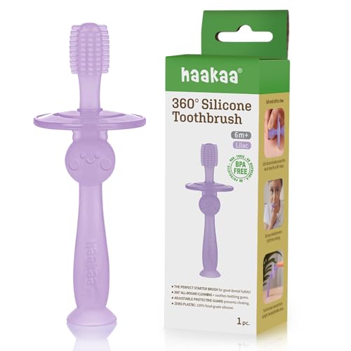 Image of haakaa 360° Silicone Baby Toothbrush – 100% Soft Food Grade Silicone, BPA-Free, Suction Base, Safe for Babies 6 Months+, Gentle Gum and Teeth Cleaning for Infants, Gum Massager (Lilac)