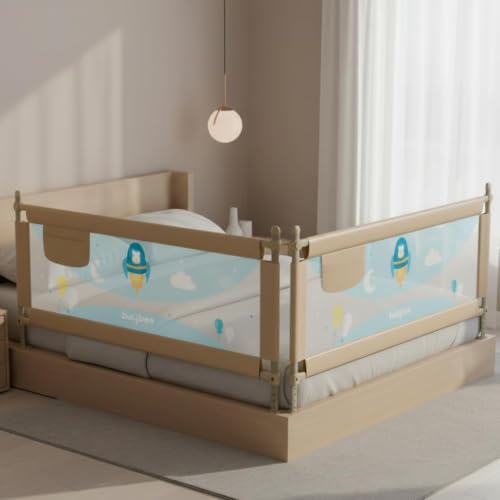 Image of BAYBEE Baby Bed Rails Guard (150x63 cm), Bedrail for Baby Kids Safety, Portable Bed Rail Falling Protector Fence with Adjustable Height, Foldable Bed Rails for Newborn, Pack of 2, (Beige)