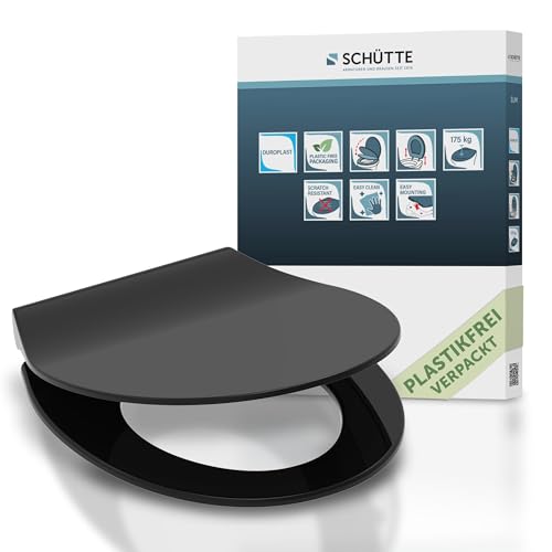SCHÜTTE SLIM WC-Sitz | Duroplast Toilettensitz mit Absenkautomatik | Toilettendeckel mit Schnellverschluss für einfache Reinigung | Klobrille geprüft bis 175kg Belastbarkeit | Schwarz