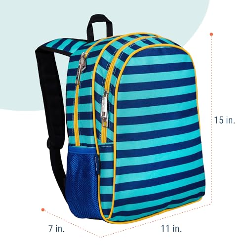 Image of Wildkin 15 Inch Backpack for Kids, Blue Stripes | Ages 5-10, padded straps, side water bottle pocket - coordinates with matching Wildkin lunch boxes