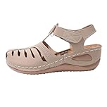 closed toe sandals for women Womens Sandals Closed Toe Wide Fit Orthopedic Sandal Casual Non Slip Wedge Shoes Comfortable Arch Support Fastening Slip on Walking Sandal Outdoor Beach Summer Beige 4