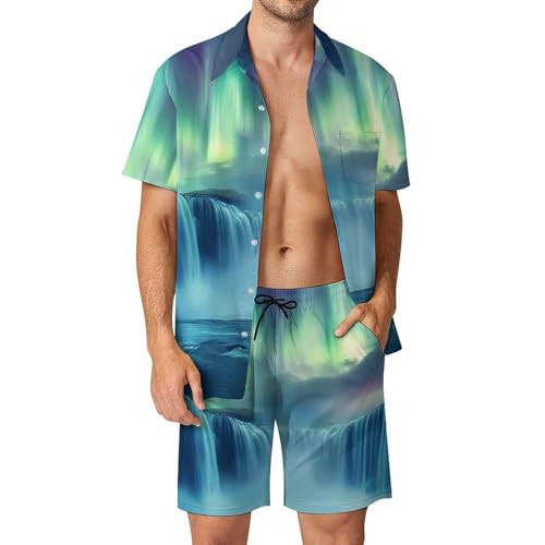 Camisa de botones y pantalones cortos de hombre con paisaje de Islandia