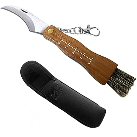 HANZIUP Folding Mushroom Knife Fungus Truffles Harvest Sharp Knives, Wood Handle with Bolster & Brush, Neoprene Pouch Cover