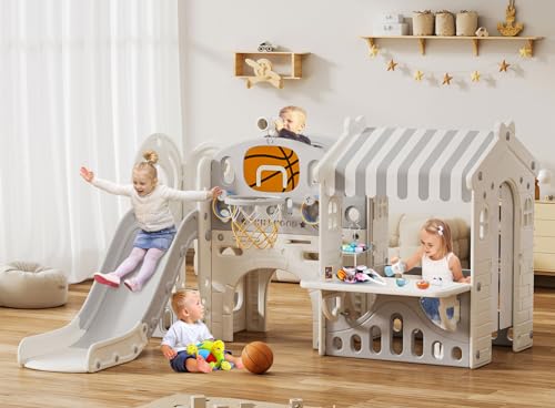 BIERUM 10 in 1 Toddler Slide with Basketball Hoop, Outdoor Slide for Toddlers Age 1-3 with Kid Playhouse, Indoor Toddler Playset Toddler Playground with Afternoon Tea Toy Set Beige Gray