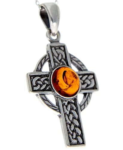 925 Sterling Silver & Genuine Baltic Amber Celtic Cross Pendant - 16404