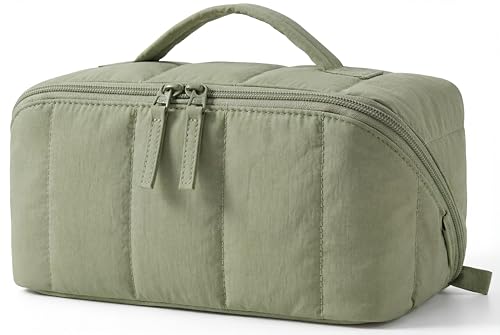 BAGSMART Travel Makeup Bag for Women, Portable Water-resistant Cosmetic Case, Puffy Padded Make Up Organizer Pouch, Open Flat Toiletry Bag for Toiletries, Brushes, Khaki
