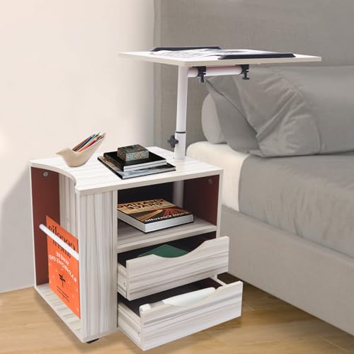 MEELRYD Funktioneller Drehbarer Nachttisch Mit Rädern, Höhenverstellbarer Nachttisch mit Schubladen und Offenes Regal für Schlafzimmer, Wohnzimmer,...