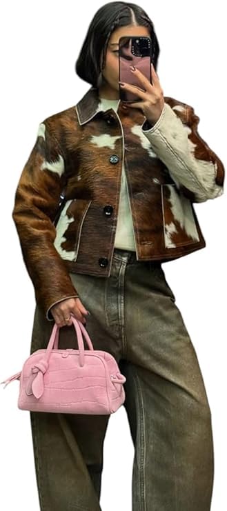 Women’s Retro Style Classic Wear Stylish Genuine Cowhide Leather Natural Hair-On Cow Skin Fashion Coat Jacket