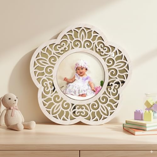 Image of Flower Shape Photo Frame | Wooden Decorative Picture Frame with Floral Laser Cut Border & Clear Acrylic Front | Wall & Tabletop Display | Premium Home Decor & Gift