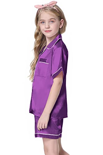 Image of Schbbbta Girls Womens Pajamas, Satin Silky Pjs Set Kids 2Pcs Button-Down Nightwear Sleepwear Gift for Mommy and me
