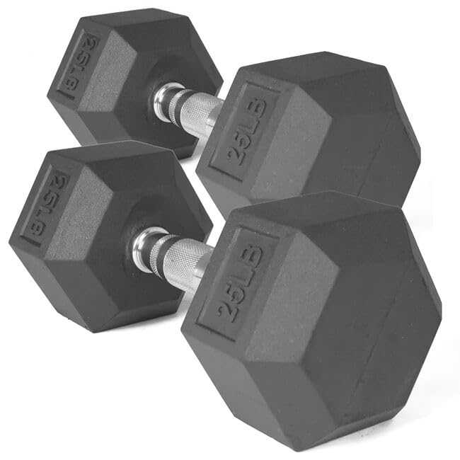 Titan Fitness 25 LB Pair Rubber Coated Hex Dumbbells, Roll-Resistant Hexagonal Free Weights, Chrome-Coated Handles with Knurling, Strength Training Equipment