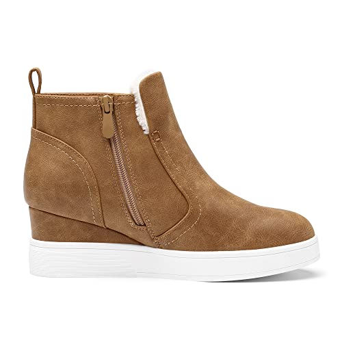 DREAM PAIRS Women’s Slip on High Top Wedge Sneakers Hidden Heel Platform Wedgie Ankle Booties,Size 8.5,Tan/pu,DAB218