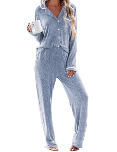 Ekouaer Women's Pajama Sets Long Sleeve Button Down 2 Piece Pjs Soft Lounge Sets Notch Collar Sleepwear