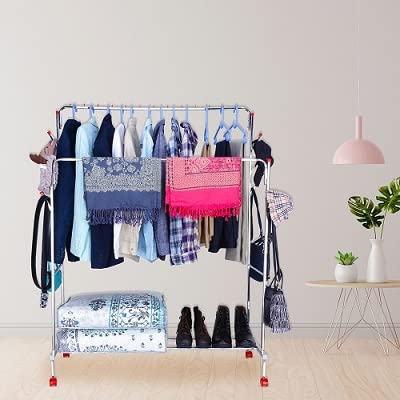 Image of LIMETRO STEEL Clothes Rack with Bottom Shelves | Closet Organizer Coat Hanger | Multipurpose Dual Rod + Wheels | Garments Rack with Bottom Shelf