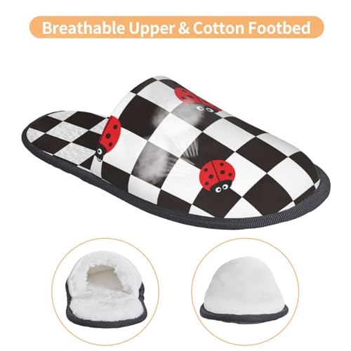 Ladybugs Of Black And White Checkers Print Women Slippers Home Furry Shoes Keep Men Couples Shoes Warm For Women-4