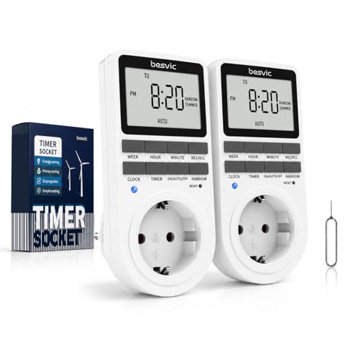 Temporizador Enchufe, Besvic 3680W Programador Enchufe Digital con Pantalla LCD Grande, 10 Programas Diarios y Modo Antirrobo, Enchufe Programable Ahorro Tiempo y Energía (2 Pack)