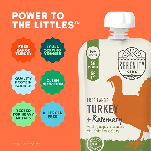 Image of Serenity Kids Baby Food Pouches, Turkey & Rosemary, 3.5 Oz, 12 Pack | 5g Protein for 6+ Mo, No Added Sugar, Savory Turkey & Veggies, Baby Snacks, Toddler Food