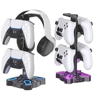 KDD Gaming Headphones Stand, Rotatable Headset Stand with Light Modes – Controller Holder with 2 USB Charging Ports and 3.5mm – Earphone Hanger Accessories for Desktop Gamer(Black)
