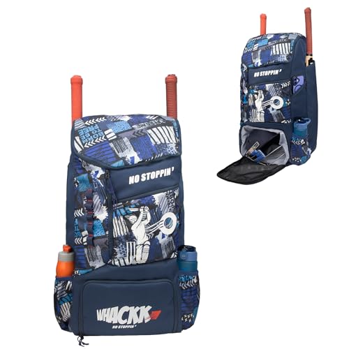 Image of Whackk Kallis 103L Unisex Cricket Kit Bag Backpack | Adult Size | 2 Bat | Shoe /Helmet Pocket | Main Compartment 18 inch Leg Pad |2 Bottle Holder | Easy Access Pocket | Player Edition Senior (navy printed)