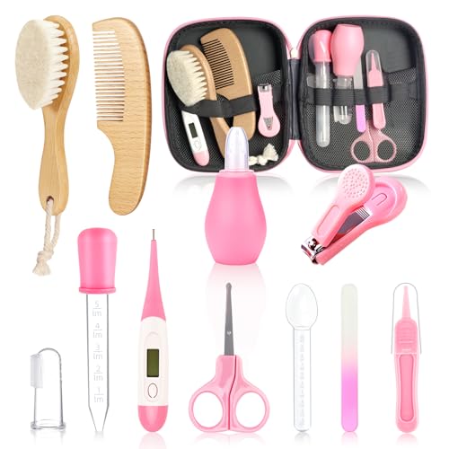 Image of Baby Healthcare and Grooming Kit,Baby Wooden Hair Brush and Comb Set,Wooden Baby Brush with Soft Goat Bristle,Health Care Set with Hair Brush Scale Measuring Spoon Nail Clippers (Pink)