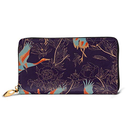 Preisvergleich Produktbild JHGFG Mode Handtasche Reißverschluss Brieftasche Muster Japanisch Weiß Kraniche Pfingstrose Telefon Kupplung Geldbörse Abendkupplung Blockierung Leder Brieftasche Multi Card Organizer