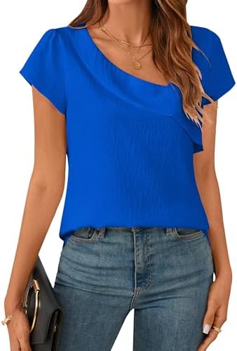 BMJL Womens Dressy Casual Blouses Asymmetrical V Neck Business Work Tops Ruffle Sleeve Summer Shirts