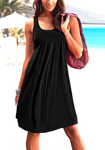 Image of Camisunny Women Casual Loose Tank Dresses Sleeveless Beach Vacation Dress Swing Pleated U Neck Fashion Soft