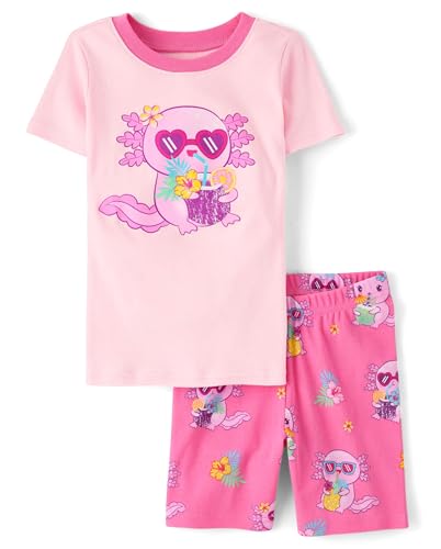 The Childrens Place Girls 100% Cotton Sleeve Top and Shorts 2 Piece Pajama Set Bow Pink 14