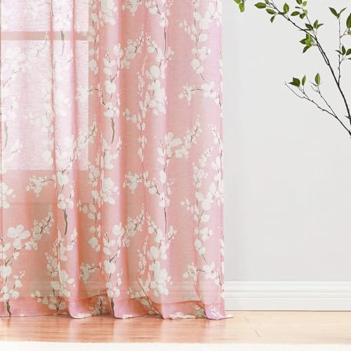 Image of BFAM Sheer Curtain with Floral Print, Premium Printed Sheer Drapes, Eyelet /Grommet Curtain for Living Room, Bedroom, Light Filtering Curtains, Pink Floral 5 Feet,Pack of 1 Curtain
