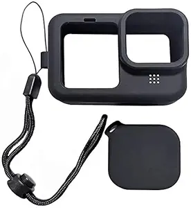Yantralay Silicone Protective Cover & Lens Cap Kit Compatible with Hero 12/11/10/9 - Lanyard Sleeve Protective Cover with Silicone Lens Cap - Action Camera Accessories - Black