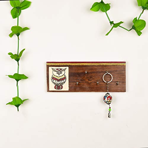 Image of Artysta 'Owl on Plank' Wooden Key Holder for Wall Stylish Decorative Keychain Holder Key Hanger for Home Decor (5 Hooks)