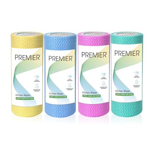 Premier Non-Woven Kitchen Wipes Roll - 1 Ply, 50 Pulls per Roll, 25cms x 30 cms | Pack of 4 |Multi-Purpose, Super Absorbent, Lint-Free Cleaning Wipes | Reusable & Durable | Multi-Color