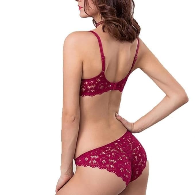 Image of Designer Women's Lace Push-Up Bra & Panty Set | Underwired, Solid, Baby Doll Bikini Style