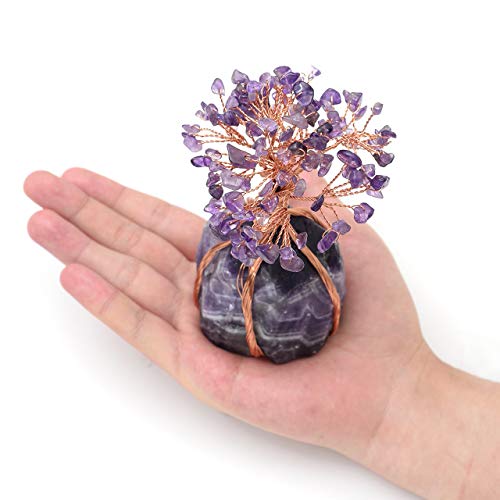 JSDDE Natural Crystal Tumbled Stones Life Tree Ornament, Reiki Healing Money Tree Feng Shui Gemstone Decor (Amethyst)