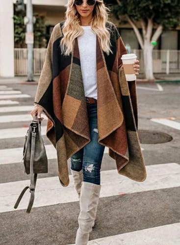 Image of Bestshe Women's Boho Open Front Poncho Plaid Shawl Wrap Cape