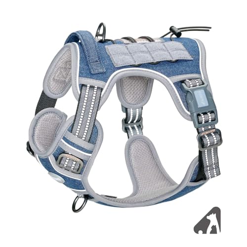 Auroth Tactical Dog Harness for Small Medium Dogs No Pull Adjustable Pet Harness Reflective K9 Working Training Easy Control Pet Vest Military Service Dog Harnesses Denim Blue S