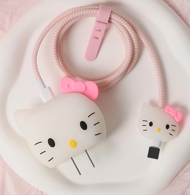 Image of Meyaar Silicone Protective Case for Apple 20W & 18W iPhone USB-C Power Adapter Charger and for USB Lightning Cable, 3D Cartoon Case for iPhone Charger 18W /20W Only (Kitty (White))