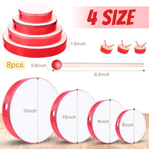 image for Yeshone 4 Pcs Kids Hand Drum Adults Wood Frame Drum Set with Drum Stic